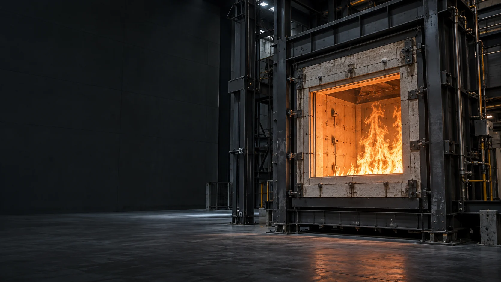 Horno industrial con fuego controlado en una cámara de ensayo