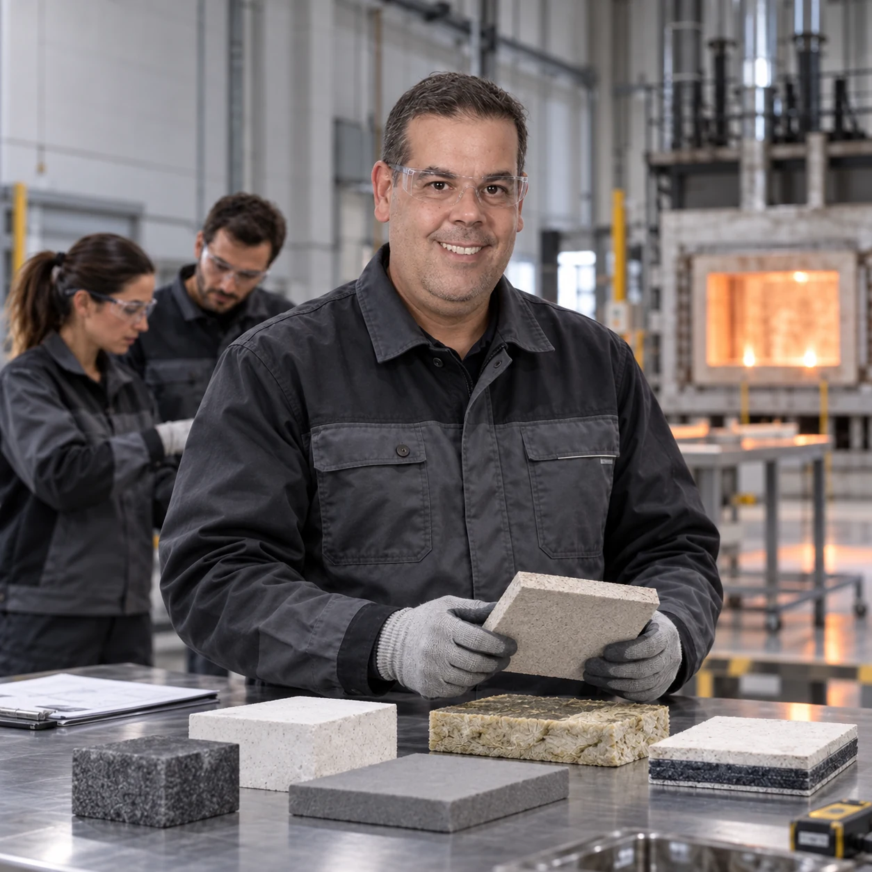 Profesional del laboratorio con indumentaria de protección y una muestra de material, acompañado por su equipo